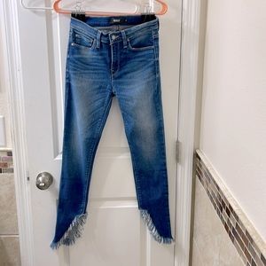 Hudson Super Skinny Nico jeans. Distressed & cropped w/graded hem. S…